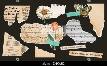 Un set di carta strappata, un collage di fogli per notebook, un vecchio giornale. timbra farfalla e fiore, album vintage. Vettore elementi ritagliati carta Illustrazione Vettoriale