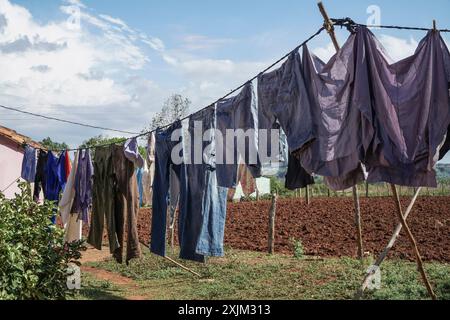 vestiti impiccati per asciugare in giardino in estate Foto Stock