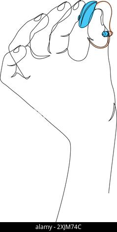 Apparecchio acustico in mano, disegna una linea continua su sfondo bianco. Soluzioni per l'udito, apparecchi acustici BTE illustrazione vettoriale disegnata con una sola riga Illustrazione Vettoriale