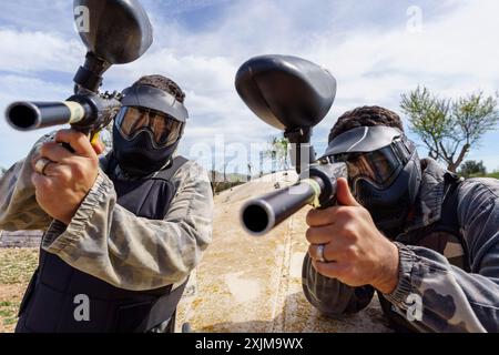 Campo di paintball, Paintball Aventura Marratxi, Marratxi, Maiorca, Spagna Foto Stock