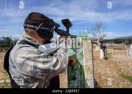 Campo di paintball, Paintball Aventura Marratxi, Marratxi, Maiorca, Spagna Foto Stock