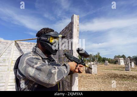 Campo di paintball, Paintball Aventura Marratxi, Marratxi, Maiorca, Spagna Foto Stock