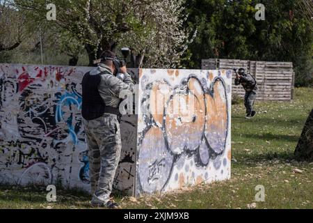 Campo di paintball, Paintball Aventura Marratxi, Marratxi, Maiorca, Spagna Foto Stock