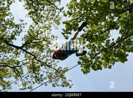 PRODUZIONE - 19 luglio 2024, Assia, Wiesbaden: Un giovane su un percorso con filo zip nella foresta di arrampicata di Neroberg. Il parco di arrampicata per giovani ed esperti atleti ricreativi si trova sulla montagna locale di Wiesbaden, circondato da faggi e querce. Il punto più alto è un nido di avventura a un'altezza di 25 metri. Foto: Arne Dedert/dpa Foto Stock