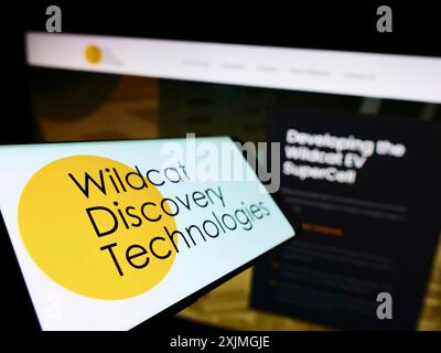 Stoccarda, Germania, 07-16-2022: Smartphone con logo della società americana di batterie Wildcat Discovery Technologies sullo schermo davanti al sito Web. Concentrati Foto Stock