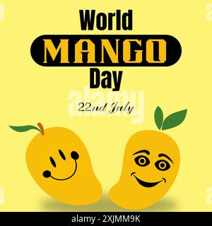 Giornata Mondiale del Mango. Two Mango Emoji Style, Social Media Post template Design, festeggia il 22 luglio, isolato su sfondo giallo chiaro piatto Illustrazione Vettoriale