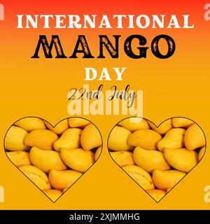 Giornata internazionale del Mango. 22 luglio, la celebrazione della giornata Mondiale del Mango copre lo striscione con mango a forma di cuore. Illustrazione Vettoriale
