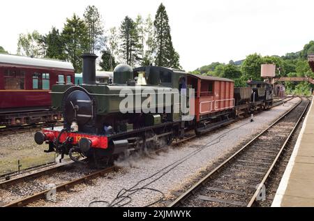 Carro armato GWR 1366 classe 1369 situato alla stazione di Buckfastleigh sulla South Devon Railway con un treno merci dimostrativo. Foto Stock