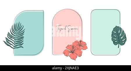 Set di cornici disegnate a mano con elementi tropicali estivi Illustrazione Vettoriale
