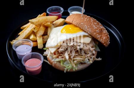 Delizioso sandwich di pollo grattugiato con formaggio, uova e patatine. Maionese Foto Stock