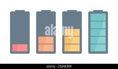 Serie di icone di indicatore di carica della batteria, isolate su sfondo bianco. Illustrazione vettoriale piatta Illustrazione Vettoriale