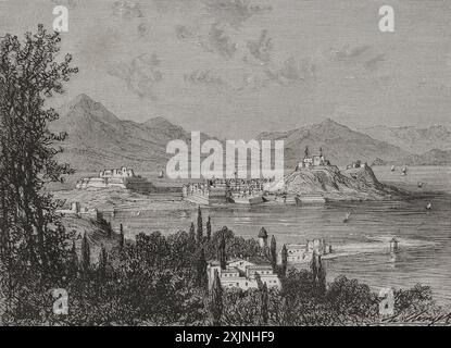 Corfù. La Repubblica di Venezia governò fino al 1797, quando, con il Trattato di campo Formio (17 ottobre 1797), Corfù passò sotto la sovranità francese sotto Napoleone I. nel 1814 gli inglesi espulsero le truppe francesi. Con il Congresso di Vienna del 1815, Corfù e il resto delle Isole Ionie passarono sotto il dominio britannico. Vista dell'isola di Corfù. Incisione di Quesnel. "Storia della Rivoluzione francese". Volume i, seconda parte, 1879. Autore: Désiré-Mathieu Quesnel (1843-1915). Incisore francese. Foto Stock
