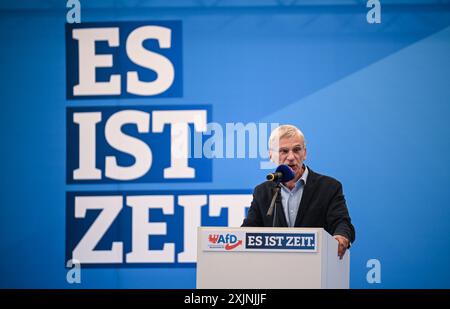 19 luglio 2024, Brandeburgo, Werder (Havel): Hans-Christoph Berndt, candidato principale per le elezioni di stato in Brandeburgo, parla all'evento iniziale dell'AfD per le elezioni di stato in Brandeburgo. Foto: Britta Pedersen/dpa Foto Stock