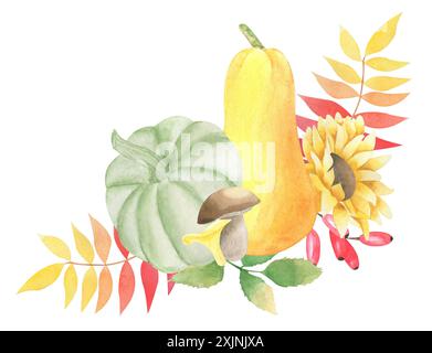 Acquerello composizione autunnale con zucche, girasoli, foglie cadute, frutti di bosco. Festa del raccolto, illustrazione del giorno del Ringraziamento. Decorazione autunnale Foto Stock