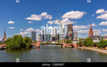 Argine della città lungo il fiume meno a Francoforte sul meno in una soleggiata giornata estiva, in Germania Foto Stock