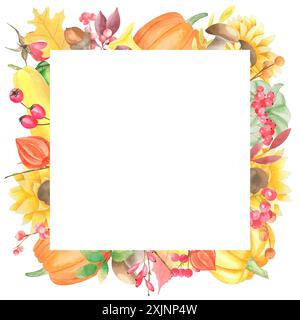 Cornice autunnale acquerello con zucche, girasoli, bacche rosse, ghianda, ramoscello, foglie di quercia. Modello quadrato per biglietti di ringraziamento, biglietti di auguri, scr Foto Stock