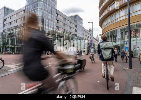 Pista ciclabile centrale sulla Lange Viestraat, nel centro della città di Utrecht, piste per pedoni, ciclisti e auto sono separate, traffico intenso, Nethe Foto Stock