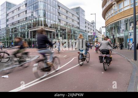 Pista ciclabile centrale sulla Lange Viestraat, nel centro della città di Utrecht, piste per pedoni, ciclisti e auto sono separate, traffico intenso, Nethe Foto Stock