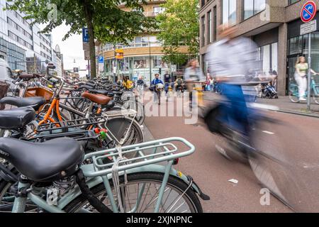 Pista ciclabile centrale sulla Lange Viestraat, nel centro della città di Utrecht, piste per pedoni, ciclisti e auto sono separate, traffico intenso, Nethe Foto Stock