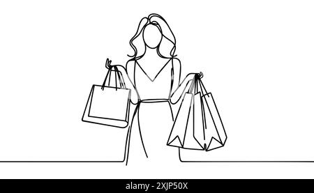 Disegno continuo su una linea di una donna che tiene in mano sacchi di carta dopo lo shopping. Illustrazione Vettoriale