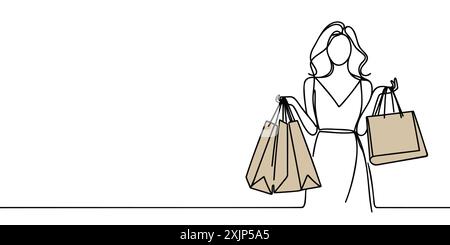 Disegno continuo su una linea di una donna che tiene in mano sacchi di carta dopo lo shopping. Illustrazione Vettoriale