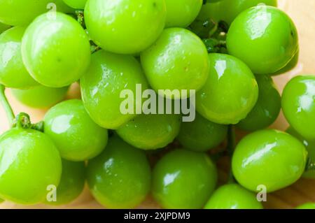 Primo piano di uva moscata brillante su sfondo di tavola di legno. Concetto di cibo sano. Foto Stock