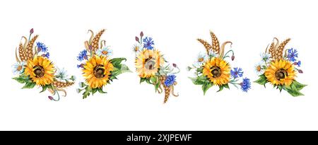Girasole, margherite, fiordaliso, orecchie di frumento, set da boutonniere, illustrazione acquerello. Festival del raccolto. Il bouquet è isolato dallo sfondo Foto Stock