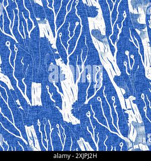 Stravagante motivo elettrico blu da spiaggia per alghe marine. Effetto panno stampato con blocco schermo batik. Divertente sfondo tropicale estivo. Moderno Foto Stock