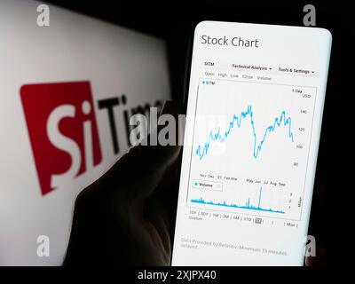 Stoccarda, Germania, 09-27-2023: Persona che detiene il cellulare con pagina web della società statunitense di semiconduttori SiTime Corporation davanti al logo aziendale. Concentrati Foto Stock