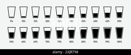 Icona in vetro ad acqua di colore nero. Bicchieri riempiti con acqua in percentuale. Può essere utilizzato per mostrare il livello di riempimento dell'acqua in dighe e laghi. Illustrazione Vettoriale