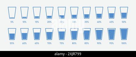 Bicchieri riempiti con acqua in percentuale. Può essere utilizzato per mostrare il livello di riempimento dell'acqua in dighe e laghi. Livello dell'acqua e del liquido in percentuale. Illustrazione Vettoriale