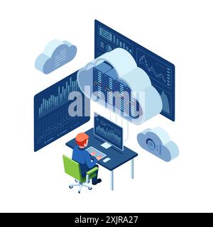 Isometric Data Analyst Monitoring Cloud Computing Data. Concetto di cloud computing Illustrazione Vettoriale