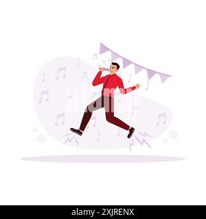 L'uomo d'affari sta cantando felicemente, indossando abiti da lavoro. Illustrazione piatta vettoriale moderna. Illustrazione Vettoriale