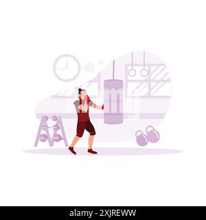 Pugile maschile, che gli dà un pugno di pugni davanti in una moderna palestra completa di impianti sportivi e un orologio a parete per indicare il Illustrazione Vettoriale