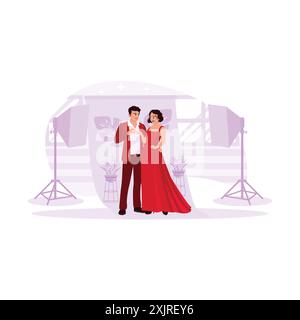 Ritratto di una giovane coppia, entusiasta di fare un servizio fotografico. In uno studio completo di splendidi sfondi floreali e luci scintillanti. Tendenza vettoriale moderna Illustrazione Vettoriale
