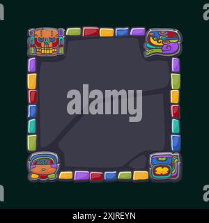 Maya Stone, telaio Aztec per giochi in cartone. Simboli tribali Maya dei cartoni animati. Antico elemento di design del telaio in granito. Oggetto UI isolato. Illustrazione Vettoriale