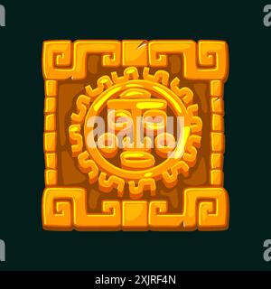 Simbolo Maya del sole in una cornice di pietra. Simbolo del sole Aztec per il tuo gioco 2D o slot Illustrazione Vettoriale