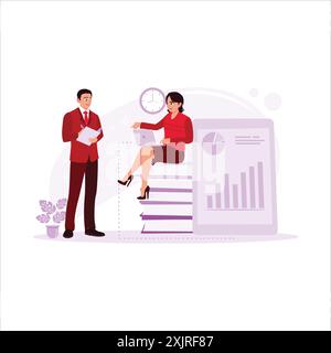 Dipendenti di sesso femminile che spiegano le tabelle di fronte ai partner commerciali di sesso maschile, discutendo questioni cruciali. Illustrazione piatta vettoriale moderna. Illustrazione Vettoriale