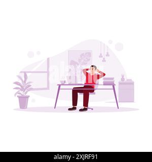 Dipendente maschile, che sfrutta il tempo libero nel suo ufficio, sorseggia una tazza di caffè caldo mentre si diverte a lavorare sul laptop al tavolo. Mod. Trend Illustrazione Vettoriale