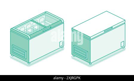 Congelatore Isometric Street. Set di congelatori isolati su sfondo bianco. Stile contorno. Illustrazione vettoriale. Illustrazione Vettoriale