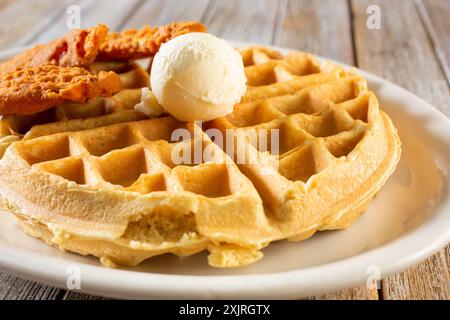 Vista ravvicinata di un piatto di pollo e waffle. Foto Stock