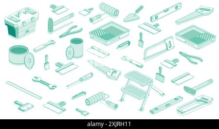 Raccolta isometrica di attrezzature. Illustrazione vettoriale. Attrezzature per la costruzione, la riparazione e la ristrutturazione di abitazioni. Martello, cacciavite, pinze, vernice b Illustrazione Vettoriale