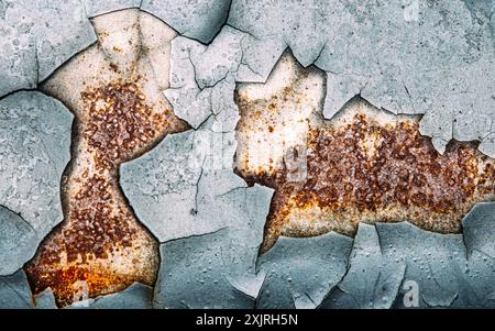 Primo piano e spaccatura della vernice bianca sulla carrozzeria, Rusty sulla carrozzeria. Foto Stock