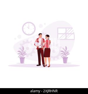 Giovane coppia in piedi, che guarda lo schermo del laptop e naviga su Internet. Illustrazione piatta vettoriale moderna. Illustrazione Vettoriale