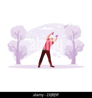 Anziano sportivo maschile, che fa esercizio fisico sollevando barbiere leggero in un parco sportivo. Illustrazione piatta vettoriale moderna. Illustrazione Vettoriale