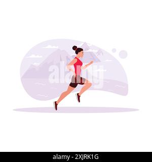 Atleta sprint femminile che corre a velocità massima su una pista deserta. Illustrazione piatta vettoriale moderna. Illustrazione Vettoriale