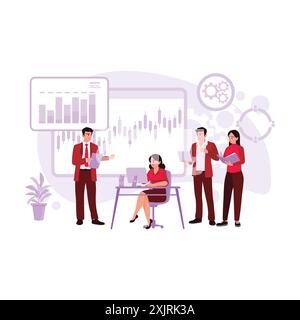 I compagni di squadra si sono riuniti in ufficio per discutere di grafici in aumento e progetti aziendali. Illustrazione piatta vettoriale moderna. Illustrazione Vettoriale