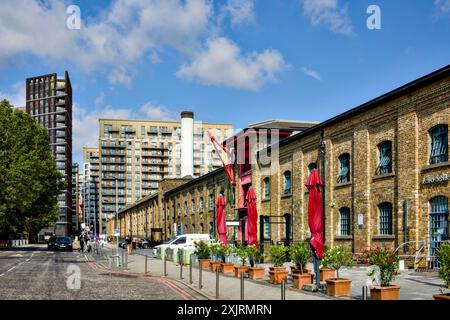 Magazzini restaurati ed edifici moderni all'interno del Royal Victoria Dock, Borough of Newham, Londra, Inghilterra, Regno Unito Foto Stock