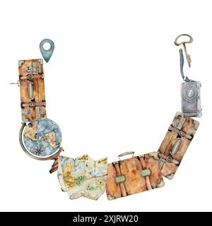 Accessori turistici, valigia per bagagli, matraccio sottovuoto, macchina fotografica, mappamondo, chiave. Illustrazione disegnata a mano con acquerello. Telaio della corona tonda. Turismo Foto Stock