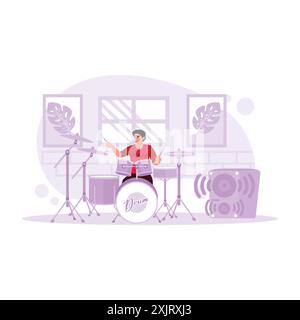 I batteristi si esercitano per un concerto in uno studio di musica. Illustrazione piatta vettoriale moderna. Illustrazione Vettoriale